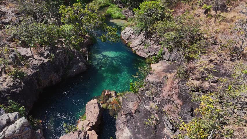 Drone orbit establishing view of the Águas Lindas complex in Chapada dos Veadeiros shows crystal clear emerald pools carved into rocky terrain and surrounded by native cerrado vegetation.