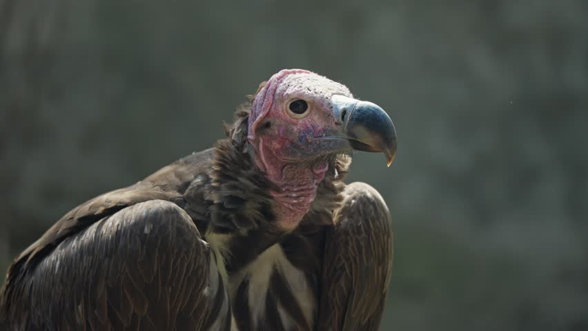 Close up portrait of a lappet faced vulture with bald pink head and powerful beak in the Naivasha region of Kenya