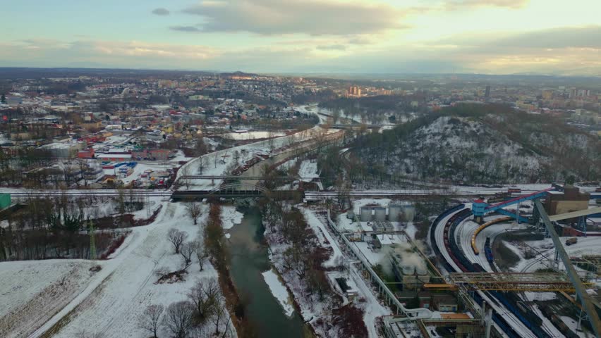 Morning Aerial over River Ostravice and urban industrial sprawl of Czech city Ostrava