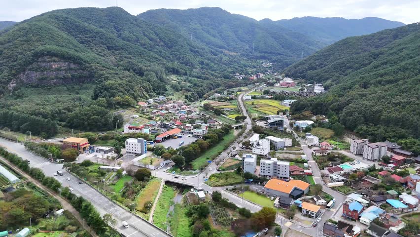Aerial view of rural village in mountain valley in South Korea