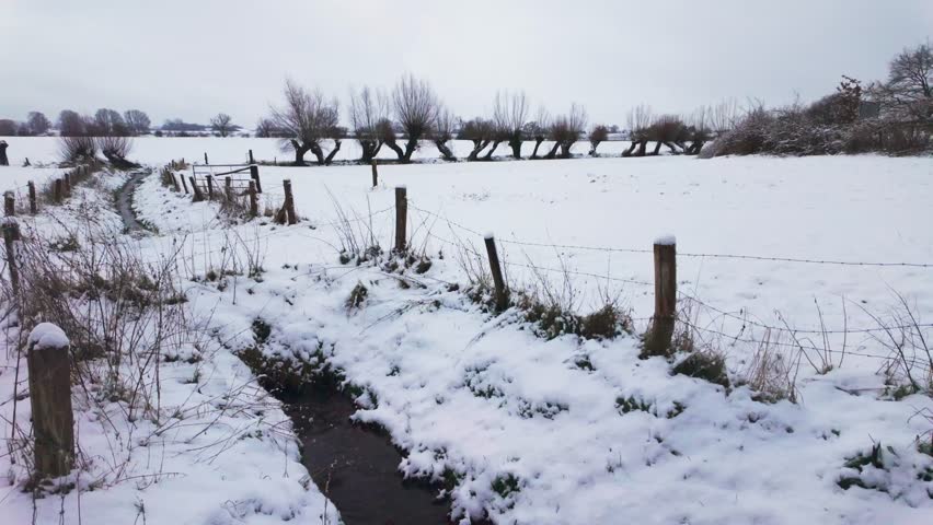 Rural dutch farmland covered in fresh snow with row of willow trees and small drainage ditch.