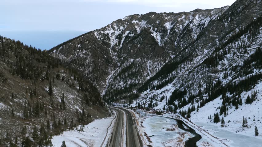 Frisco Ten Mile Peak Canyon i70 cars traffic winter morning aerial drone view December January East Village Mayflower Gulch Office Gulch Wheeler Junction Copper Mountain upwards motion