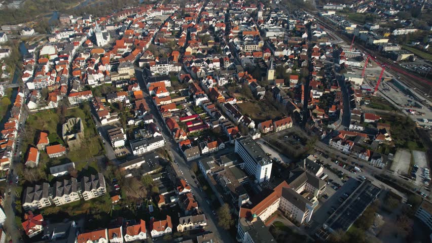 Aerial panoramic view around the old town of the city Lippstadt on a cloudy autumn noon in Germany.
