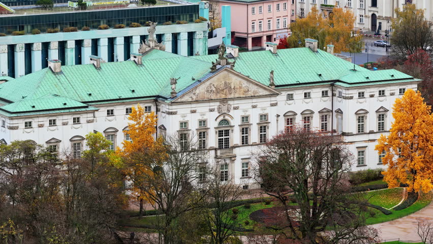 Aerial drone view of Krasinski Palace in Srodmiescie, Warsaw