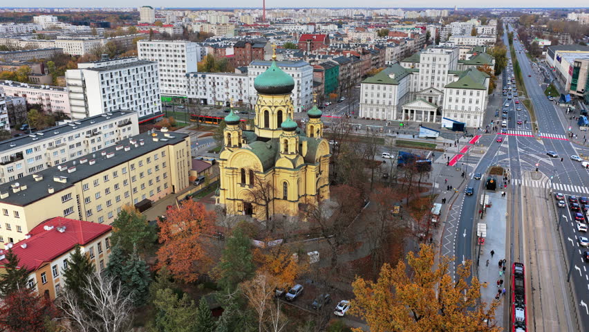 Aerial drone view of the Orthodox Church of St. Mary Magdalene with its distinctive green domes in Praga Polnoc