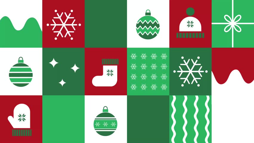 Winter Geometric Square Pattern. Animation with Winter Elements. Christmas Abstract Moving Background. Banner. Christmas Ball, Snowflake, Hat, Glove, Sock, Snowman, Cup. Video in Green, Red, White