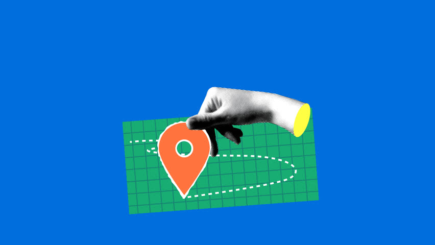 Halftone hand moves a navigation sign. Red location pin symbol with road. Destination sign on the map. Travel and delivery concepts. Collage animation