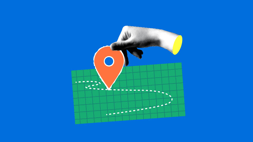 Halftone hand moves a navigation sign. Red location pin symbol with road. Destination sign on the map. Travel and delivery concepts. Collage animation