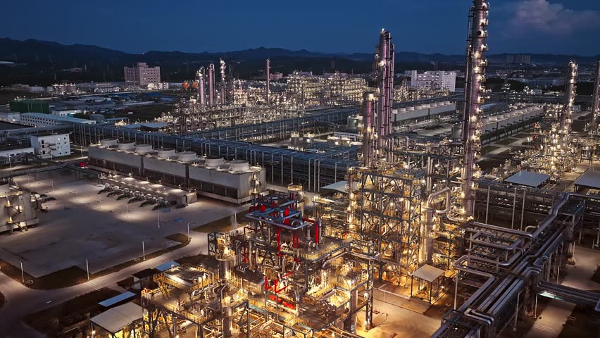 Aerial view over petroleum refinery, brightly illuminated in the dark 