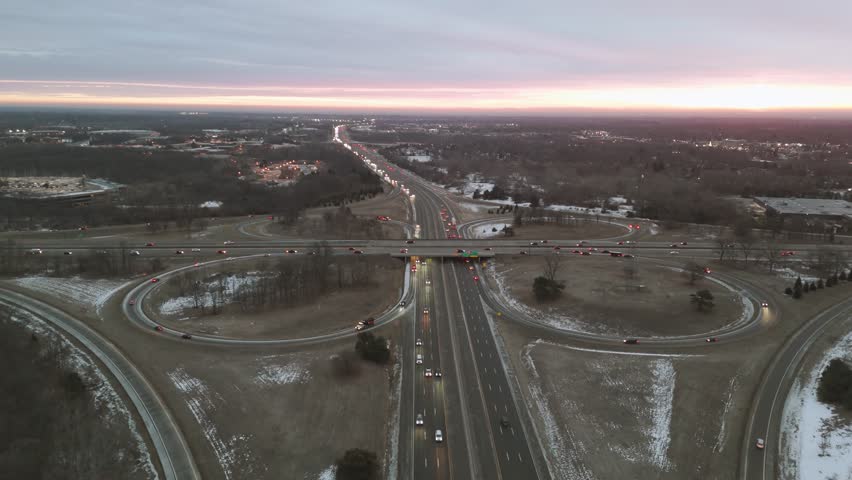 Aerial view of city road at sunset