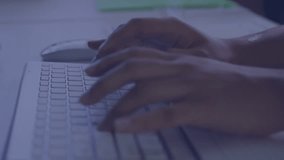 Animation of data processsing against mid section of woman typing on keyboard. Computer interface and business technology concept - Powered by Shutterstock - Get 15% off with code: PIKWIZARD15