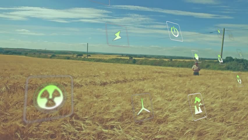 Mature man scrolling smartphone in wheat field, showing floating energy and environment icons. Sustainability, renewable, eco-friendly, rural, technology, agriculture, environment