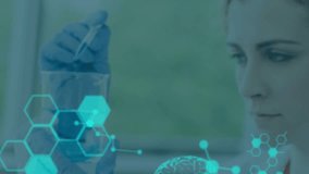 Animation of data processing and digital brain over caucasian female scientist. global science, technology and data processing concept digitally generated video. - Powered by Shutterstock - Get 15% off with code: PIKWIZARD15