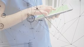 Animation of network of connections and data processing over caucasian female doctor using tablet. global medicine, connections and digital interface concept digitally generated video. - Powered by Shutterstock - Get 15% off with code: PIKWIZARD15