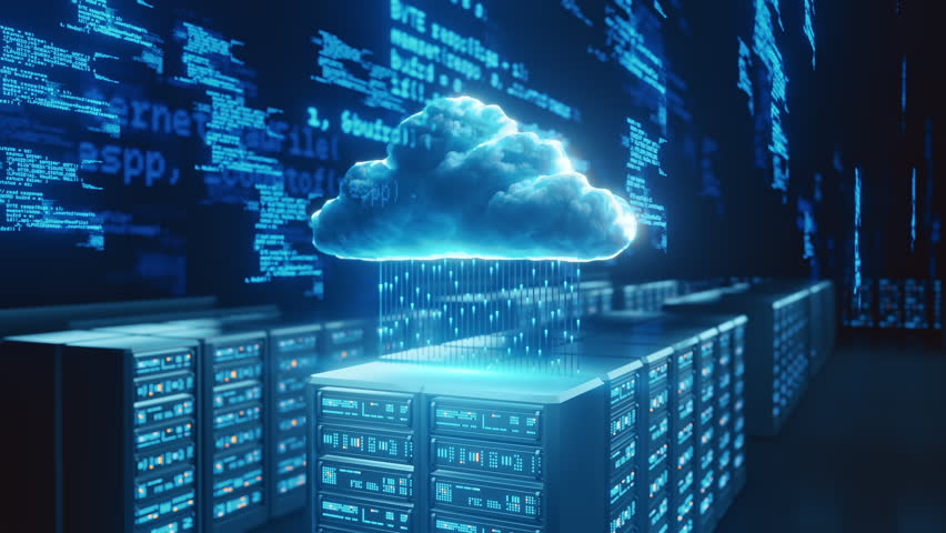 3D render Glowing cloud icon above server racks, data flowing. Abstract code background. Represents cloud computing, big data, network, IT infrastructure, technology, digital transformation