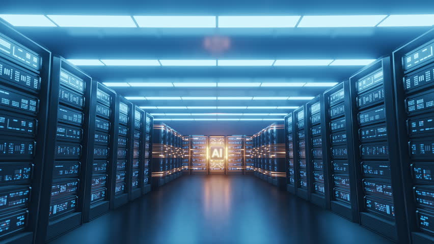 Futuristic AI server room, glowing AI chip, dynamic data flow connecting server racks. Artificial intelligence, big data, computing, machine learning, neural networks, technology concept, digital