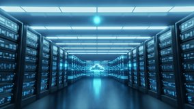 Glowing cloud symbol data center server room, blue digital lines connecting racks. Represents cloud computing, network technology, data storage, global connection, AI, security, innovation - Powered by Shutterstock - Get 15% off with code: PIKWIZARD15