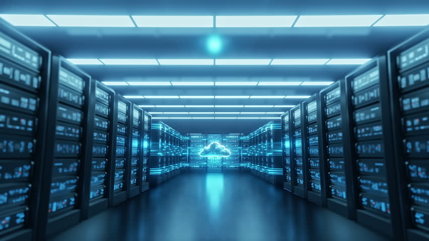 Glowing cloud symbol data center server room, blue digital lines connecting racks. Represents cloud computing, network technology, data storage, global connection, AI, security, innovation