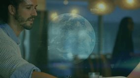 Animation of binary codes, trading board, globe over dice on caucasian man sharing ideas in office. Digital composite, multiple exposure, globalization, stock market, gambling and technology concept. - Powered by Shutterstock - Get 15% off with code: PIKWIZARD15