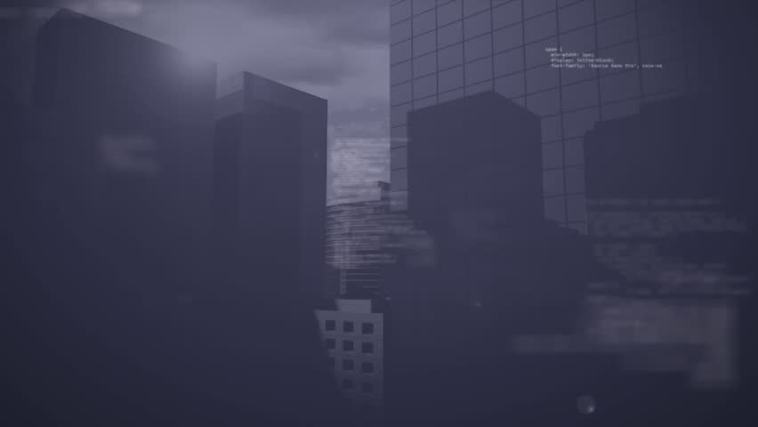 Animation of map, changing numbers and computer language over modern buildings against cloudy sky. Digital composite, multiple exposure, global, growth, abstract, coding, architecture concept.