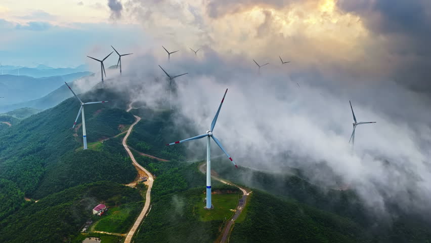 Aerial shot of wind turbines and winding road and thick clouds scenery at sunrise