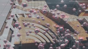 Animation of covid 19 virus cells over data processing and cityscape. global medicine and technology during covid 19 pandemic concept digitally generated video. - Powered by Shutterstock - Get 15% off with code: PIKWIZARD15