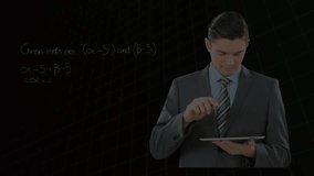 Animation of mathematical equations and graph over caucasian businessman using tablet. Global business, computing and digital interface concept digitally generated video. - Powered by Shutterstock - Get 15% off with code: PIKWIZARD15