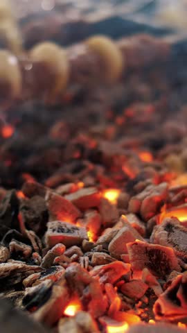 A shish kebab from pork, on skewers, fry on red hot coals