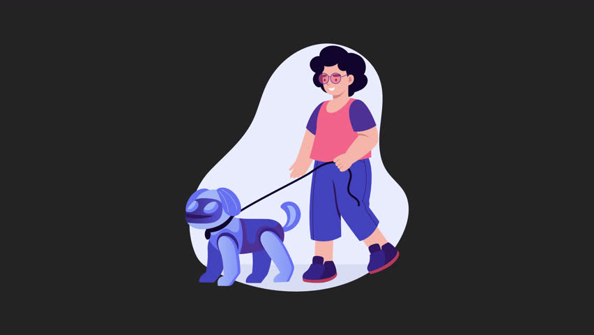 Person walking a robotic pet dog in a parkAnimation Alpha Channel 
