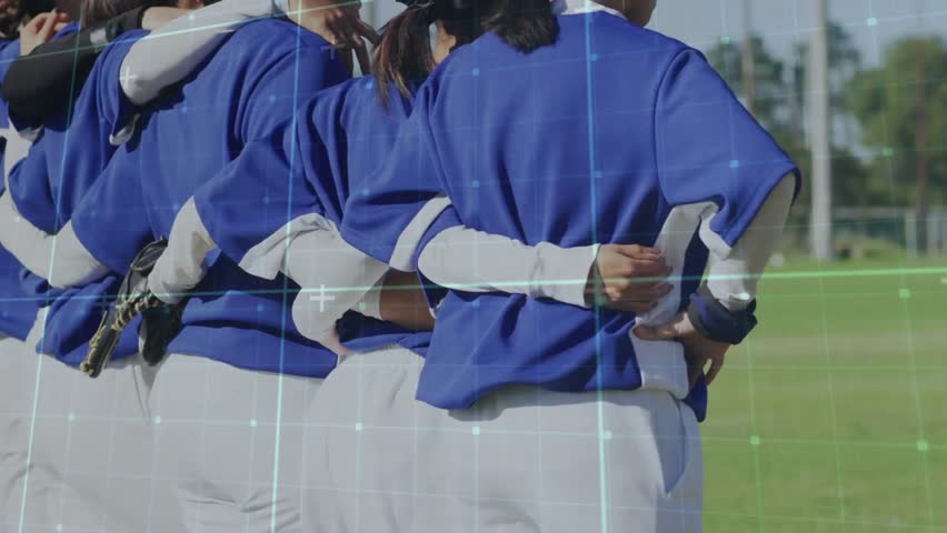 Camera zooming capturing softball team linking arms on field amid shifting tech grid overlay. Athletes, teamwork, unity, sportsmanship, camaraderie, fitness, outdoor