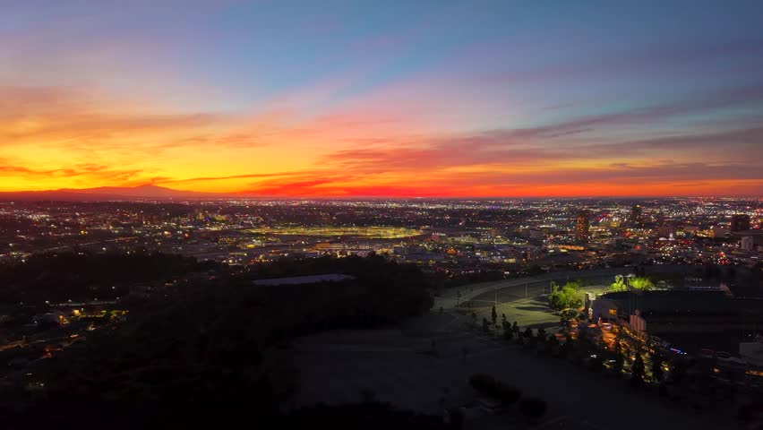 Sunrise in Los Angeles, a slow pan across the city skyline from above Dodger Stadium