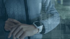 Animation of data processing over mid section of man using smartwatch against dark clouds. Global networking and business technology concept - Powered by Shutterstock - Get 15% off with code: PIKWIZARD15