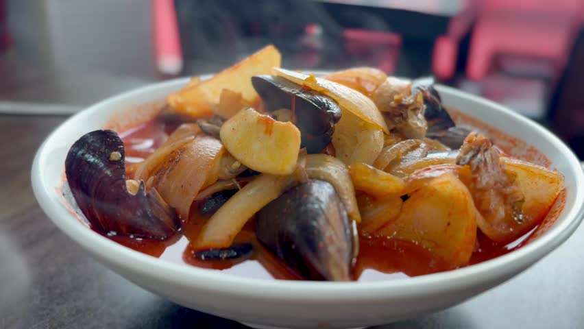 Steaming Hot Korean Spicy Seafood Noodles Jjamppong 4K Cinematic Video