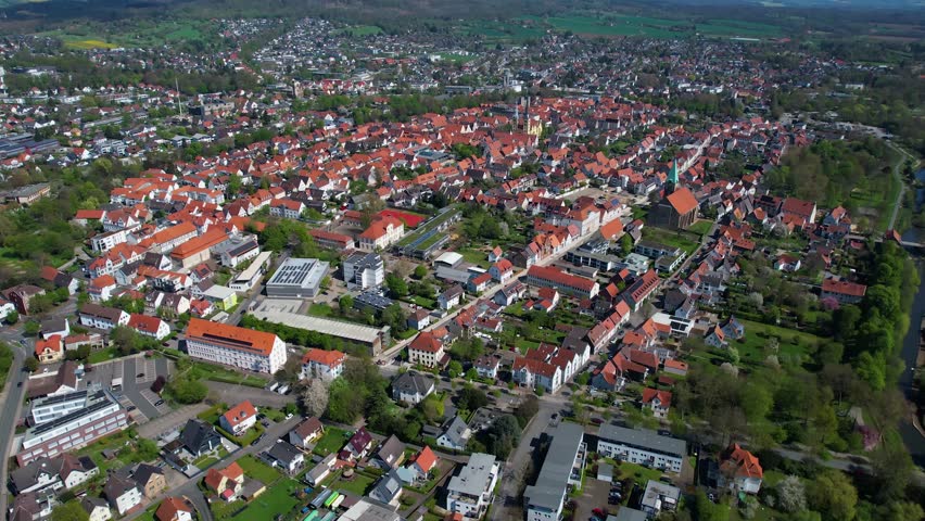 Aerial view around the old town of the city Lemgo on a sunny spring noon in Germany.