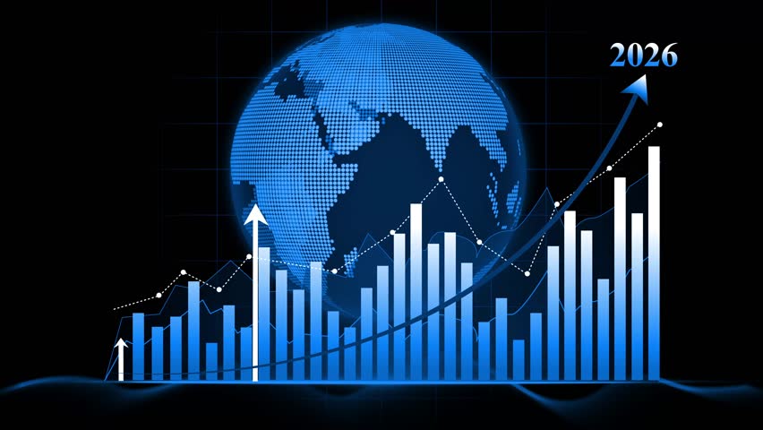 2026 Global Finance and Economic Growth Animation, Digital animation of a globe with financial charts and graphs