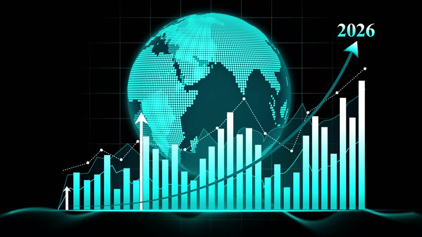 2026 Global Finance and Economic Growth Animation, Digital animation of a globe with financial charts and graphs