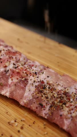 The cook prepares pork ribs, marinates and fries them.