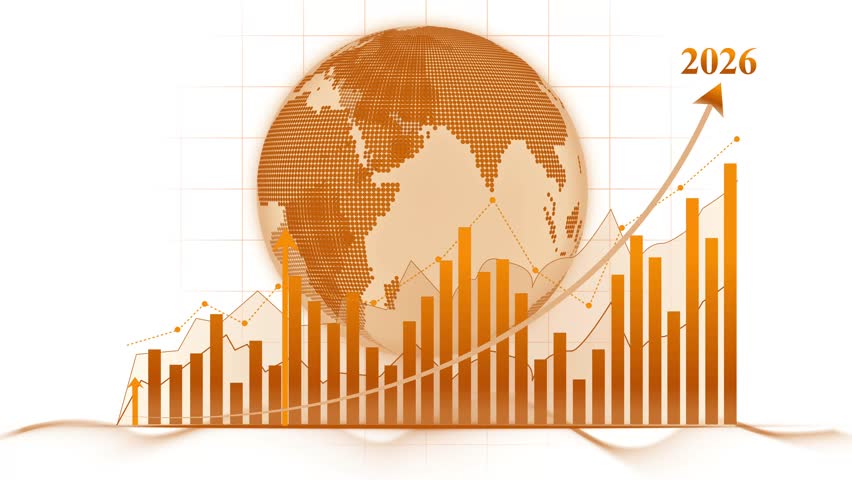 2026 Global Finance and Economic Growth Animation On White Background, Digital animation of a globe with financial charts and graphs