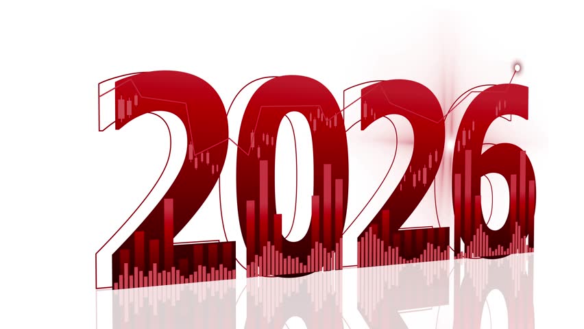 Futuristic 2026 with Financial Graphs and Charts Animation on White Background