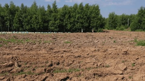 Drone Approaching Beehives over Plowed Field