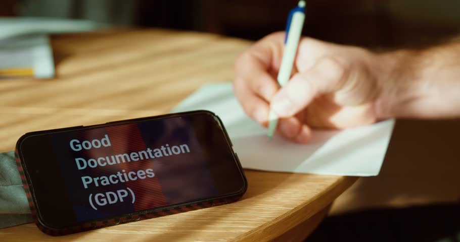 Close-up of a hand writing on a document while a smartphone screen displays “Good Documentation Practices (GDP).” Ideal for pharma and medtech compliance, quality documentation training, audit readine