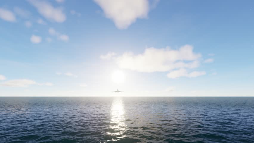 Airplane impressive landing flying overhead. Airplane flies in blue sky. Travel. Airplane takes off against the background of blue sky.
