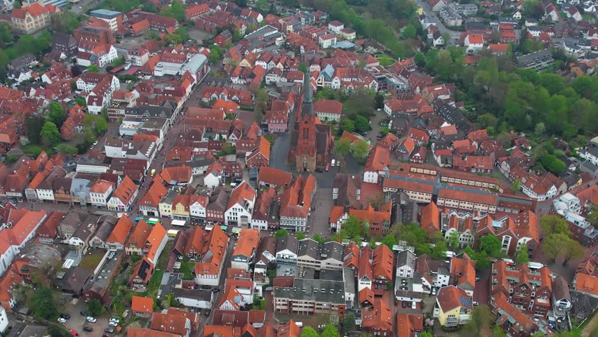 Aerial view around the old town of the city Nienburg on a sunny autumn afternoon in Germany.
