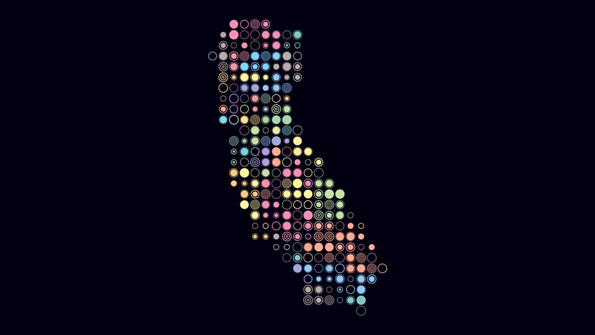 California animated shape with pulsating colored dots on the map of the state. Large size circle blocks in a digital style on a dark background. Plain animation video.