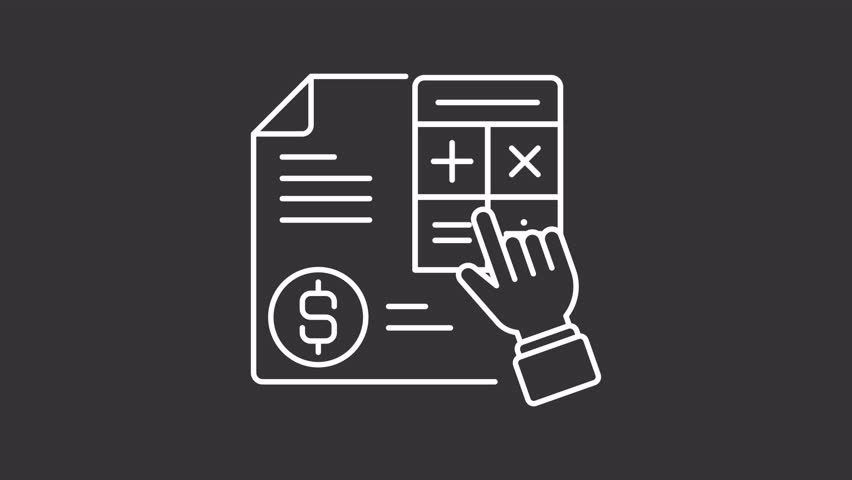 Accounting white line animation. Hand using calculator over report animated icon. Measurement of information about economic businesses. Isolated element on dark background. Alpha transparent video
