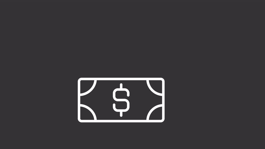 Depreciation white line animation. Dollar bill with dropping down arrow animated icon. Accounting method of allocating cost of assets. Isolated element on dark background. Alpha transparent video