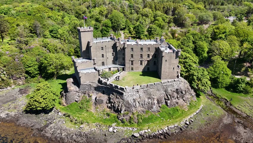 Aerial view of Dunvegan Castle on Isle of Skye, Scotland, United Kingdom