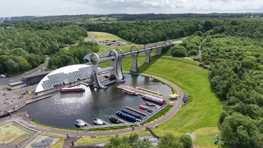 Drone shot of Falkirk Wheel canal landmark, Scotland, United Kingdom
