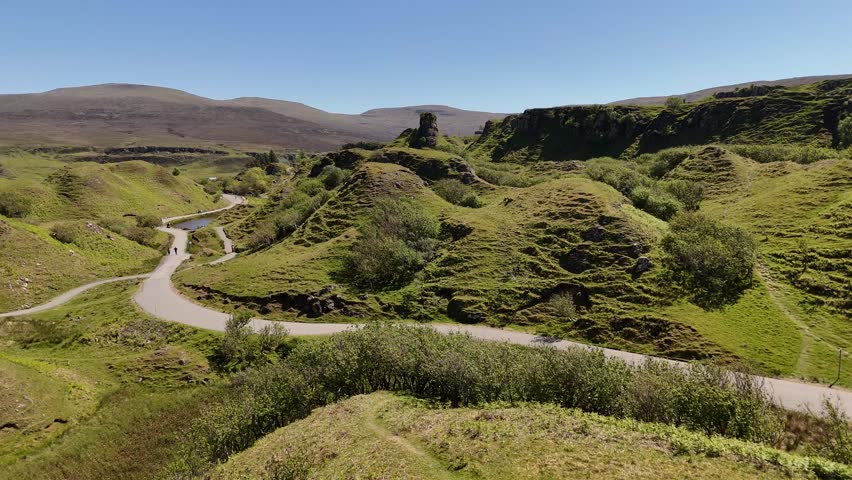 Aerial view of Fairy Glen landscape on Isle of Skye, Scotland, United Kingdom