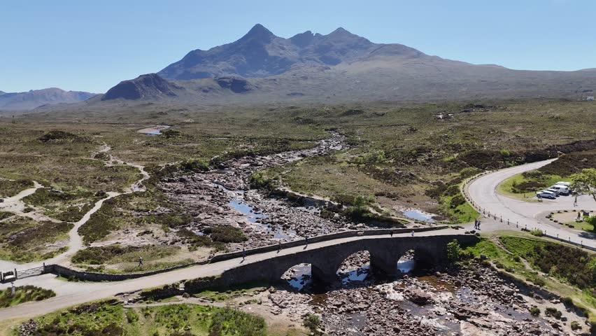 Drone shot of Sligachan Old Bridge on Isle of Skye, Scotland, United Kingdom